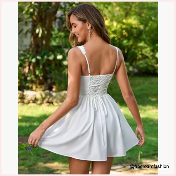 Summer Floral Corset Mini Dress Square Neck Lace A-Line Party - Picture 2 of 6